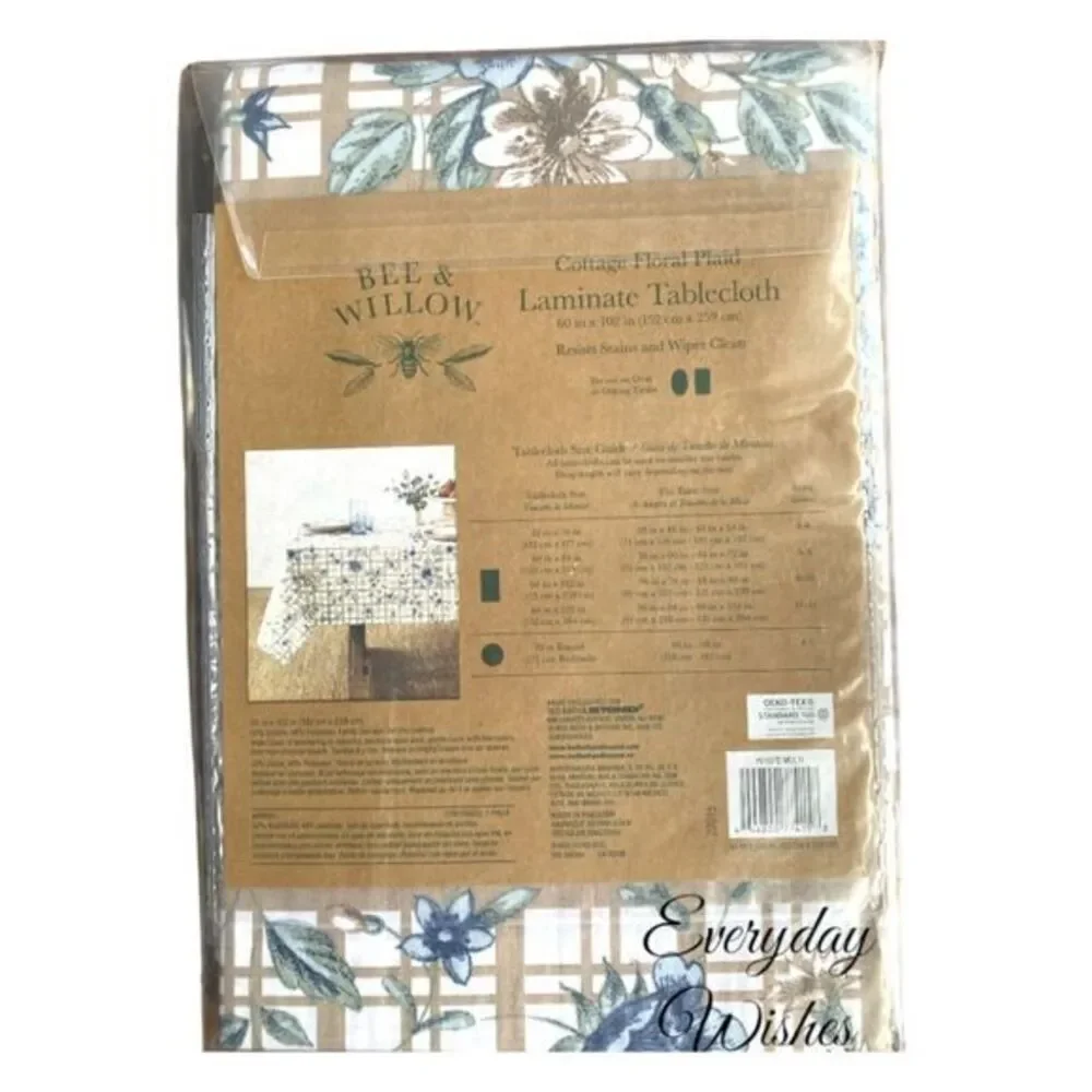 Bee & Willow Cottage Floral Plaid Laminated Fabric Oblong Tablecloth 60x102 New!